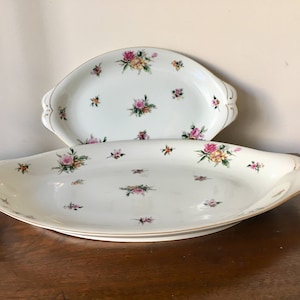 Two exquisite vintage serving trays by Crescent China, Japan. One large oval tray over 18 inches and a smaller 13 1/2 inches