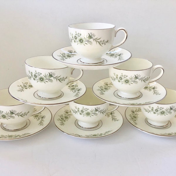 Mismatched China Tea Cups and Saucers Individual or Sets by Wedgewood, Westbury Pattern, Green Floral Rim and Platinum Trim