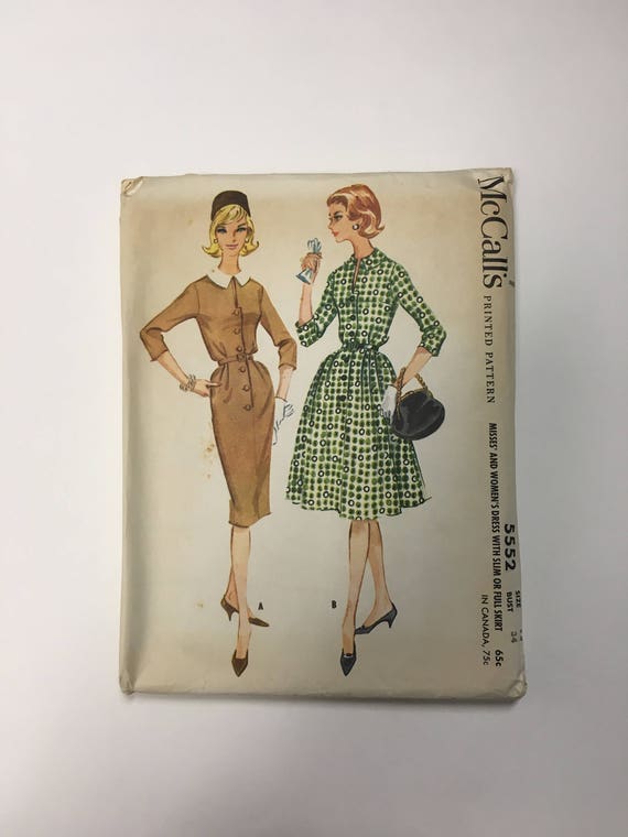 modern vintage dress patterns VINTAGE Sewing Pattern McCalls 5552 MId-Century Modern 1960s WIGGLE Dress  w/ Full or Slim Skirt