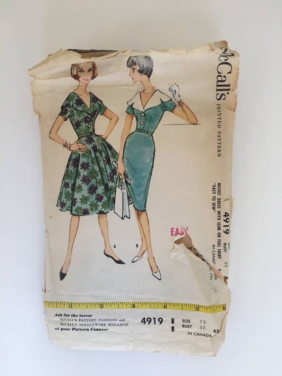 Vintage 1950s Pattern1959 Pattern Sewing McCalls 4919 Size 12 Bust 32 Dress  with Slim or Flared Four-gore Skirt True Vintage 50s style Easy