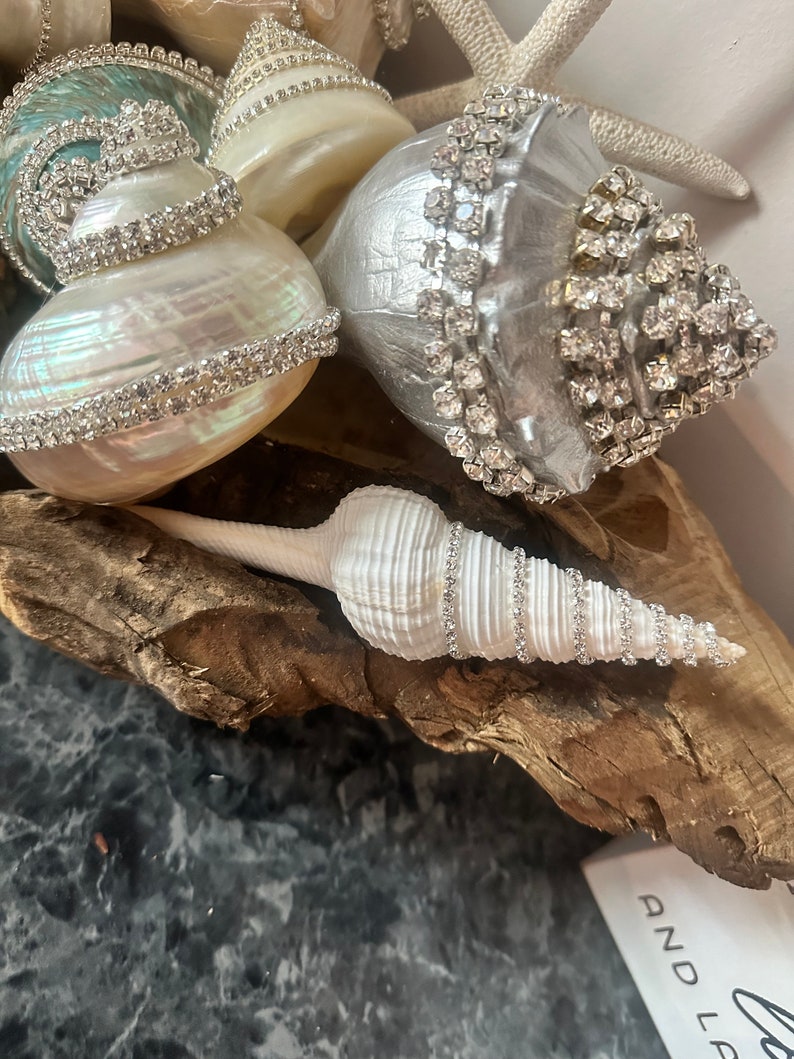 Sparkling Shells White Rhinestone Embellished Spindle Shell Wedding Decor, Coastal ...