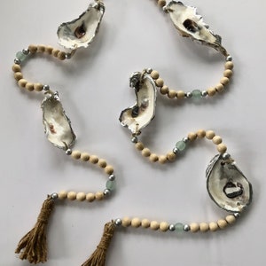Oyster Shell Garland, Wood Beads, Tassel, Gilded Shell Garland, Coastal ...