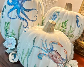 Coastal inspired Decoupage, Chinoiserie, Pumpkin for fall decor and beach weddings Octopus, crab, seahorse