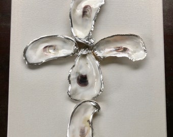 Silver Leafed Oyster Cross on Canvas, Christian, Religious, Gift, Coastal Decor, Beach House, Wedding Decor