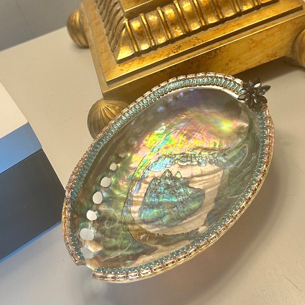 Gorgeous Large polished Abalone Shell embellished with rhinestones. Costal decor, ring dish, trunket tray.