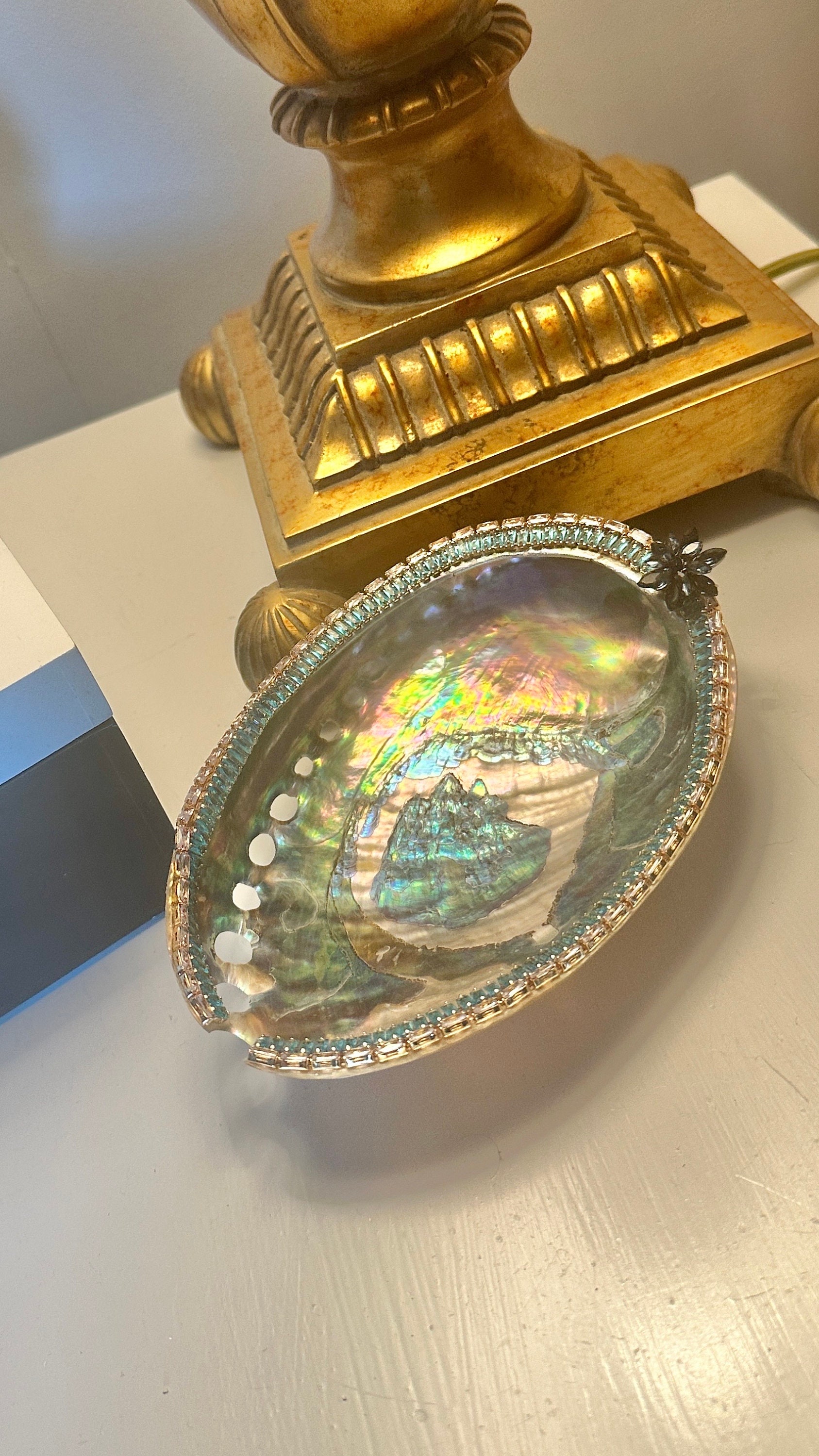 Gorgeous Large polished Abalone Shell embellished with rhinestones. Costal decor, ring dish, trunket tray.
