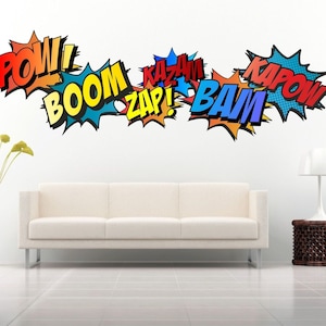 SUPERHERO COMIC WORDS Retro Kapow Boom Zap Bam Zestaw naklejek ściennych w kolorze