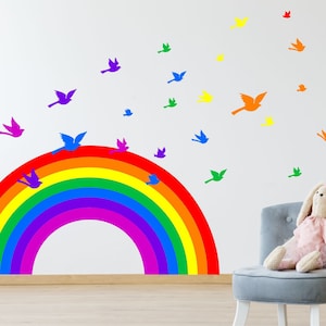 Zestaw naklejek ściennych RAINBOW & BIRDS naklejka do pokoju dziecięcego sztuka winylowa 2 rozmiary wielokolorowy jasny dziecięcy mural do pokoju
