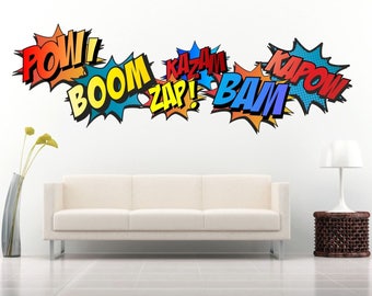 SUPERHERO COMIC WORDS Retro Kapow Boom Zap Bam Colour Wall Art Sticker Kit decals