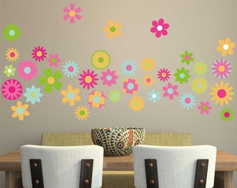 RETRO FLOWERS Wall Art Sticker Kit decal mural 60s 70s vintage floral hippy art multicolour pink funky