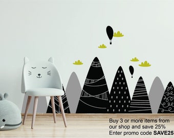 Scandinavian Nordic Nursery Mountains Black & White wall stickers art decal