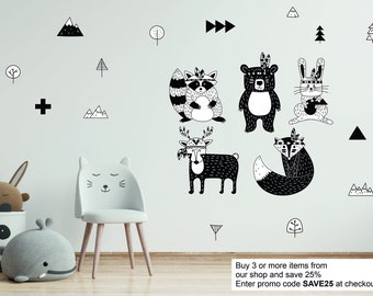 Scandinavian Nordic Nursey Black and White wall stickers forest animals woodland cute art decals