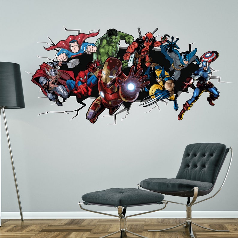 SUPERHEROES breaking smashing through wall sticker boys bedroom decal Spiderman Hulk Batman Captain America Deadpool Ironman Wolverine Thor