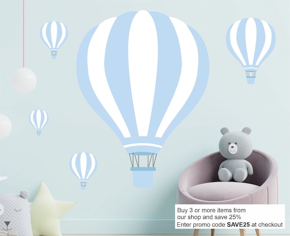 Hot Air Balloons Nursery Boys Wall Stickers Decor Pastel Baby Blue Art  Bedroom Decals