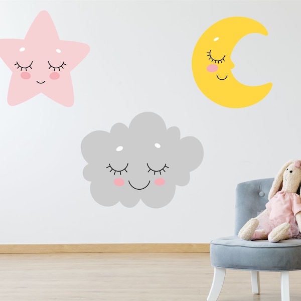 MOON, STAR, CLOUD sleep wall stickers pack decal art pastel grey pink yellow nursery girl's bedroom