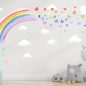 Könnte beinhalten: Ein Aquarell-Regenbogen mit Schmetterlingen, die aus ihm herausfliegen. Der Regenbogen ist in Rot-, Orange-, Gelb-, Grün-, Blau-, Indigo- und Violetttönen gemalt. Im Hintergrund befinden sich weiße Wolken.