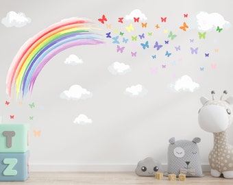 PASTEL WATERCOLOUR rainbow & butterflies wall stickers nursery decor decal