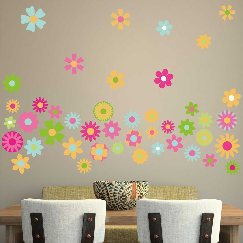 RETRO FLOWERS Wall Art Sticker Kit decal mural 60s 70s vintage floral hippy art multicolour pink funky image 1