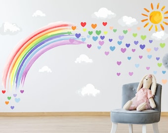 PASTEL WATERCOLOUR rainbow hearts and sun wall stickers nursery decor decal