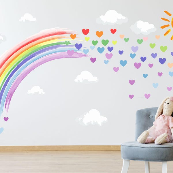 Stickers muraux AQUARELLE PASTEL coeurs arc-en-ciel et soleil Sticker déco chambre d'enfant
