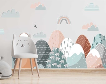 Pegatinas de pared escandinavas Boho Nursery Mountains, calcomanía artística, dormitorio nórdico para niños