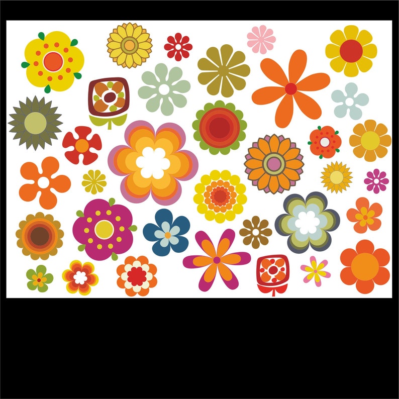 RETRO FLOWERS Wall Art Sticker Kit Decal Mural 60s 70s Vintage Etsy