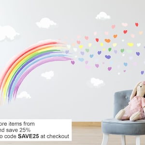 PASTEL AQUARELL Regenbogen & Herzen Wandaufkleber Kinderzimmer Deko Aufkleber