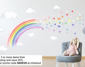 PASTEL WATERCOLOUR rainbow & hearts wall stickers nursery decor decal