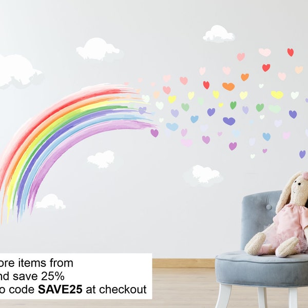 PASTEL WATERCOLOUR rainbow & hearts wall stickers nursery decor decal