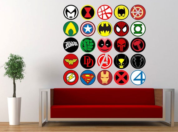 Superhero Logos Pack Of 25 Badges Wall Sticker Boys Bedroom Decal Superman Batman Spiderman Green Lantern Captain America X Men Deadpool