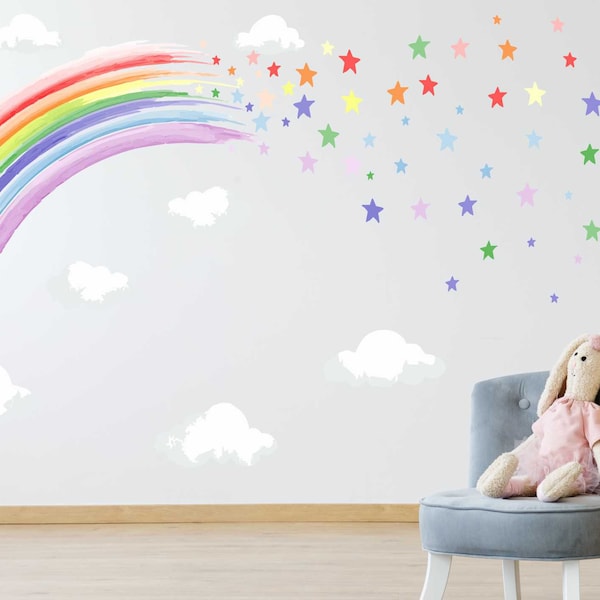 PASTEL WASSERFARBE Regenbogen und Sterne Wandtattoo für das Kinderzimmer