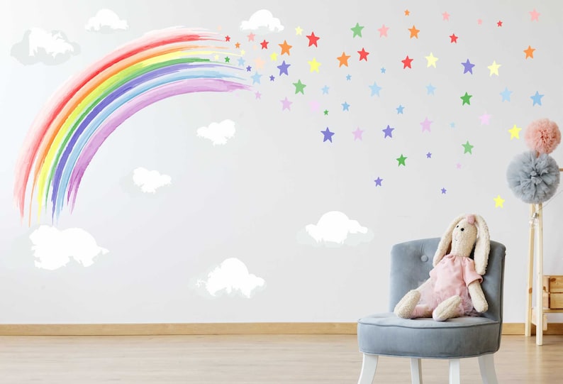 PASTEL ACUARELA arcoíris y estrellas pegatinas de pared decoración de guardería imagen 1