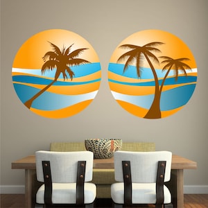 PALM TREE SUNSET 2 pack wall sticker decal holiday paradise beach tropical retro decal art mural