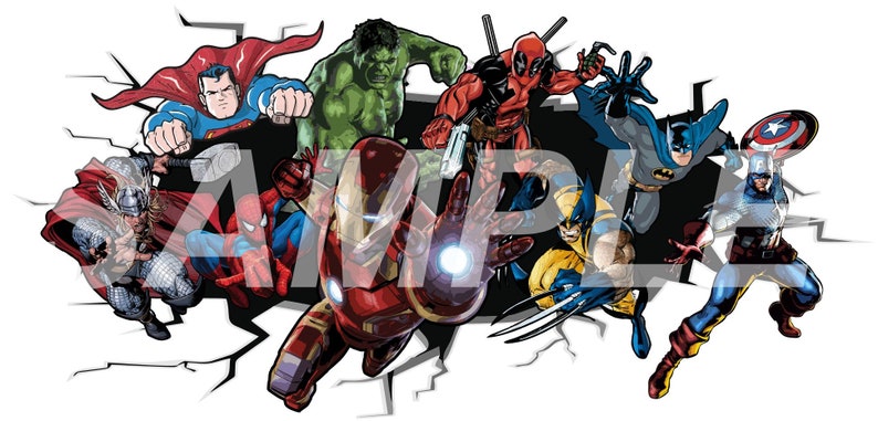SUPERHEROES breaking smashing through wall sticker boys bedroom decal Spiderman Hulk Batman Captain America Deadpool Ironman Wolverine Thor