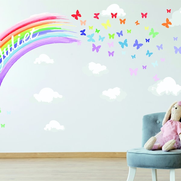 PASTEL PERSONALISED WATERCOLOUR rainbow & butterflies wall stickers nursery decor decal