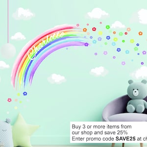 PASTEL PERSONALISED WATERCOLOUR rainbow & flowers wall stickers nursery decor decal