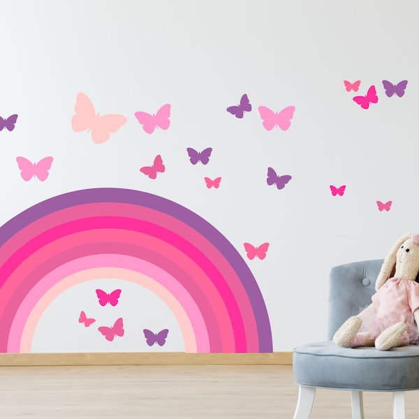 PASTEL RAINBOW & BUTTERFLIES rose violet mural sticker kit pépinière décalcomanie