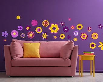 RETRO FLOWERS Wall Art Sticker Kit decal mural 60s 70s vintage floral hippy art funky purple