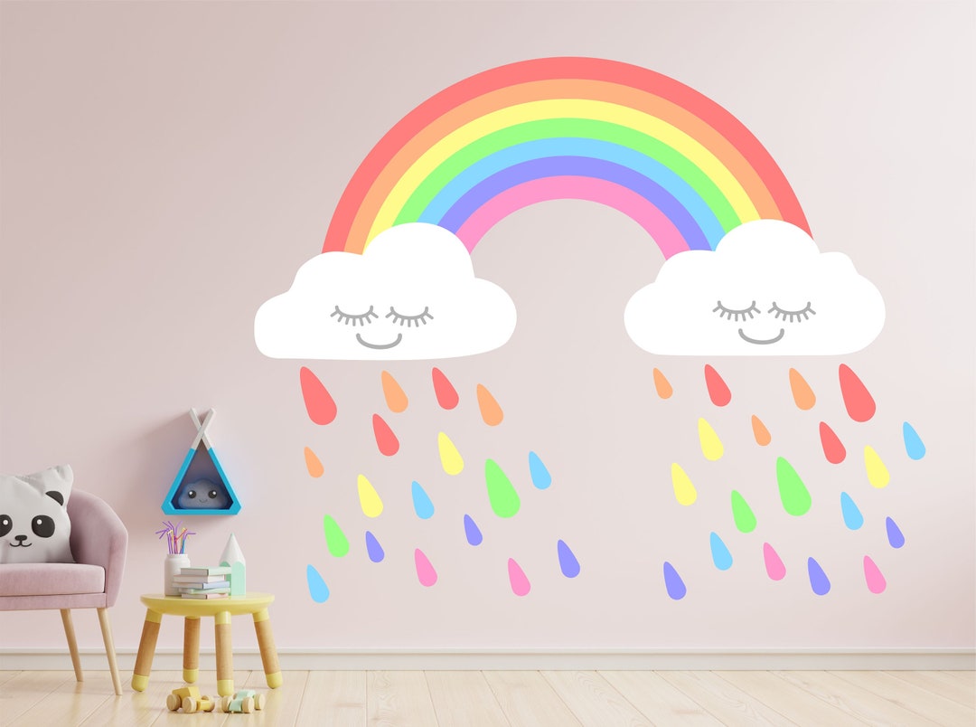 PASTEL RAINBOW CLOUDS & Raindrops Wall Sticker Decal Plain Children's ...