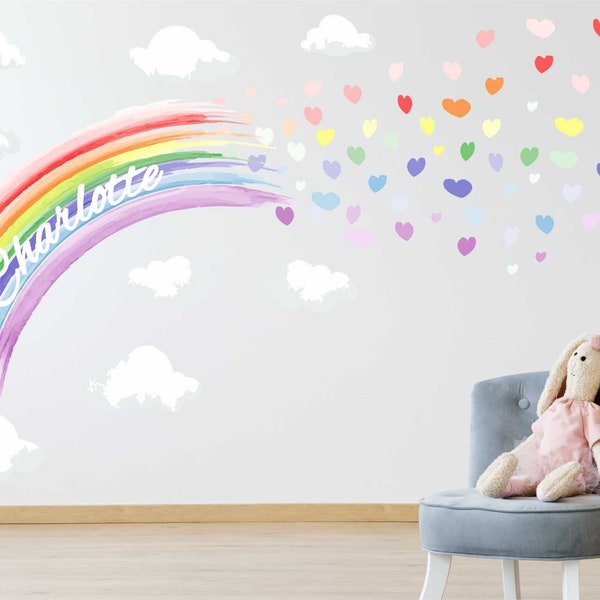 Stickers muraux chambre d'enfant coeurs arc-en-ciel aquarelle pastel personnalisé sticker art