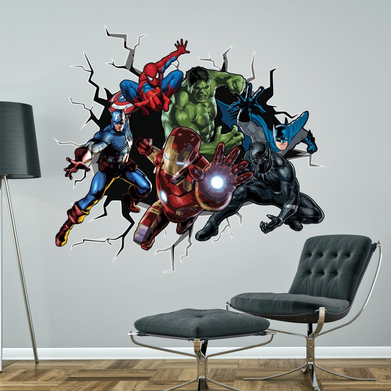 SUPERHEROES Breaking Smashing Through Wall Sticker Boys Etsy