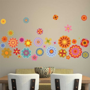 RETRO FLOWERS Wall Art Sticker Kit decal mural 60s 70s vintage floral hippy art multicolour funky