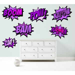 SUPERHERO COMIC WORDS Retro Kapow Boom Zap Bam Purple Wall Art Sticker Kit decals
