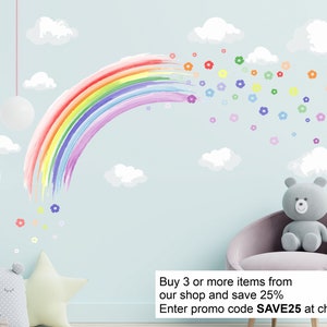 PASTEL WATERCOLOUR rainbow & flowers wall stickers nursery decor decal