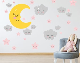 MOON, STARS, CLOUDS sleep wall stickers pack decal art pastel grey pink yellow nursery girl&#39;s bedroom