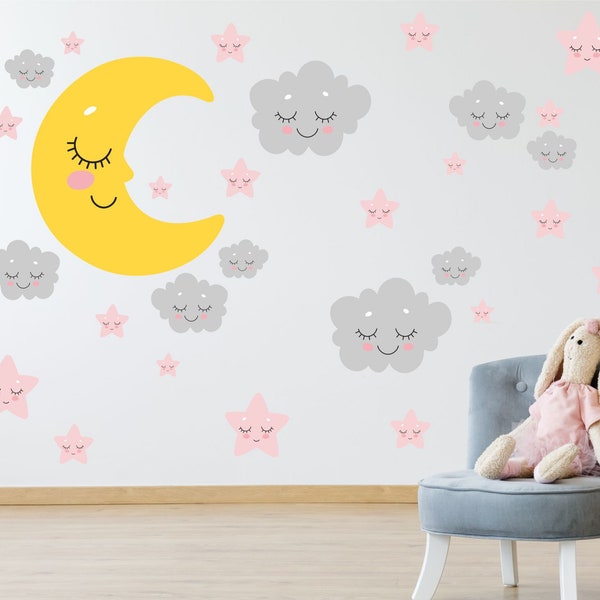 MOON, STARS, CLOUDS sleep wall stickers pack decal art pastel grey pink yellow nursery girl's bedroom