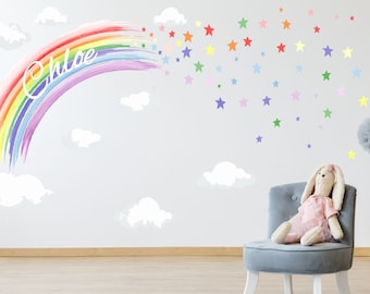 PASTEL PERSONALISED WATERCOLOUR rainbow & stars wall stickers decal