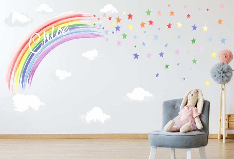 PASTEL PERSONALISED WATERCOLOUR rainbow & stars wall stickers decal image 1