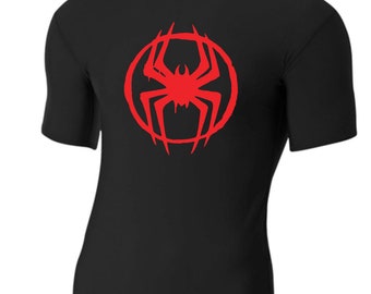 May include: Black t-shirt with a red spider web design.