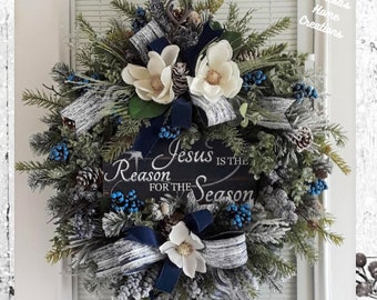 Blue Christmas Wreaths Jesus is the Reason Large Christmas Wreath for FrontDoor Religious Wreath Large Magnolia Wreath Elegant Wreath